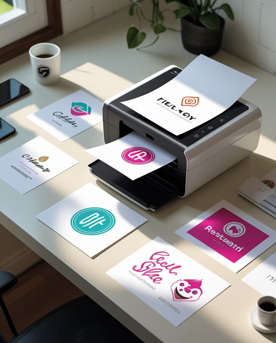 Designer-arbejdsbord med printer der printer logo-forslag